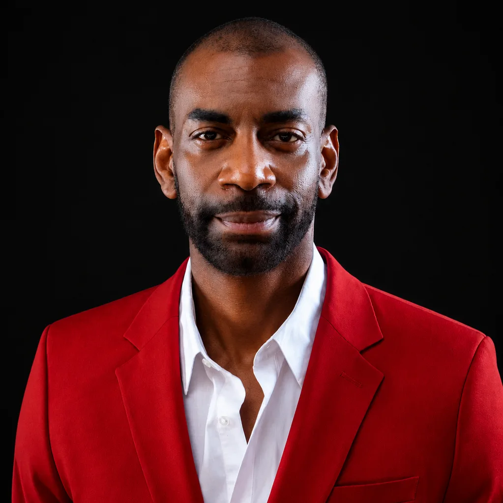 Portrait of Kevin Cockfield in a red jacket against a black backdrop