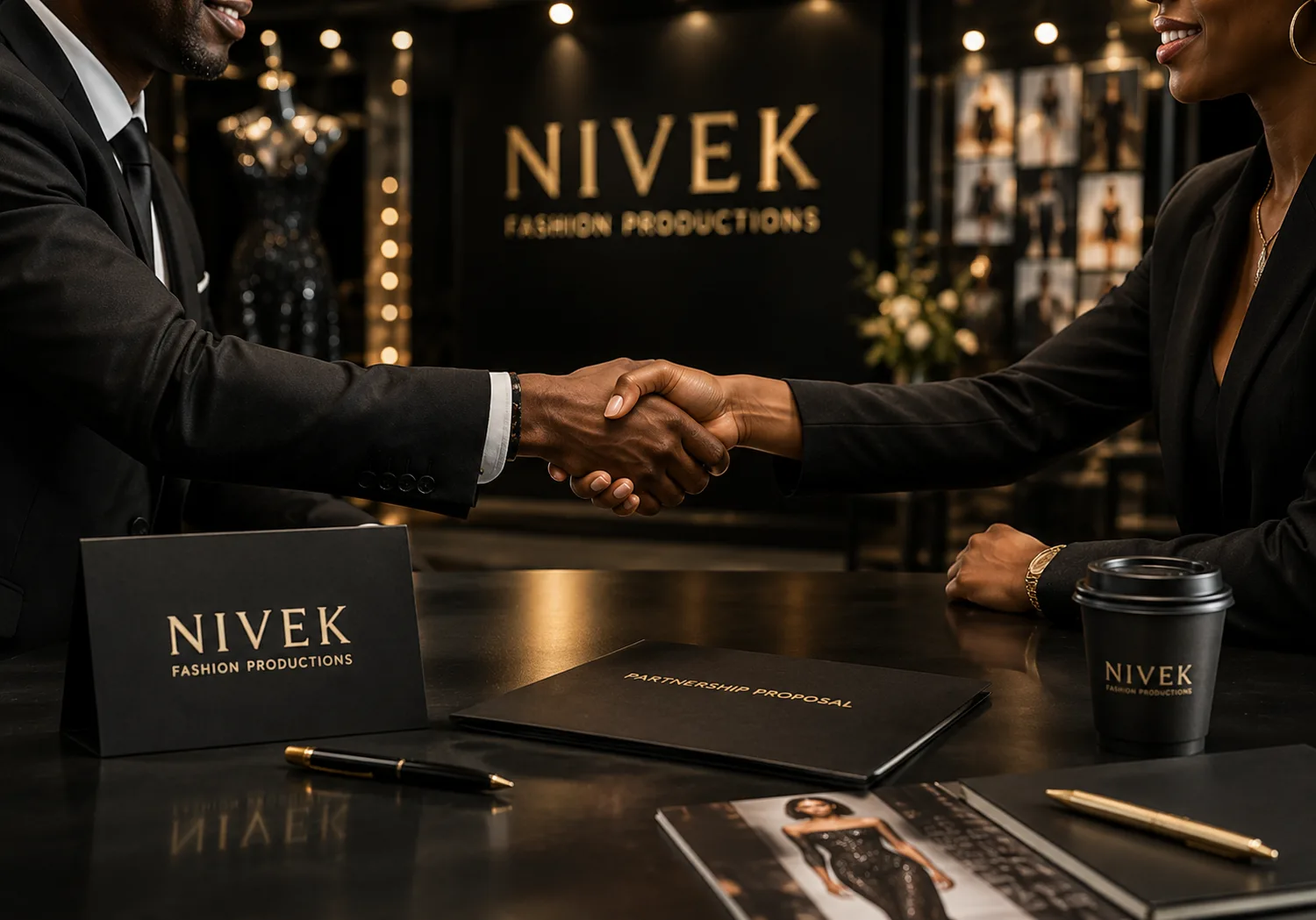 Two people shaking hands at a Nivek table